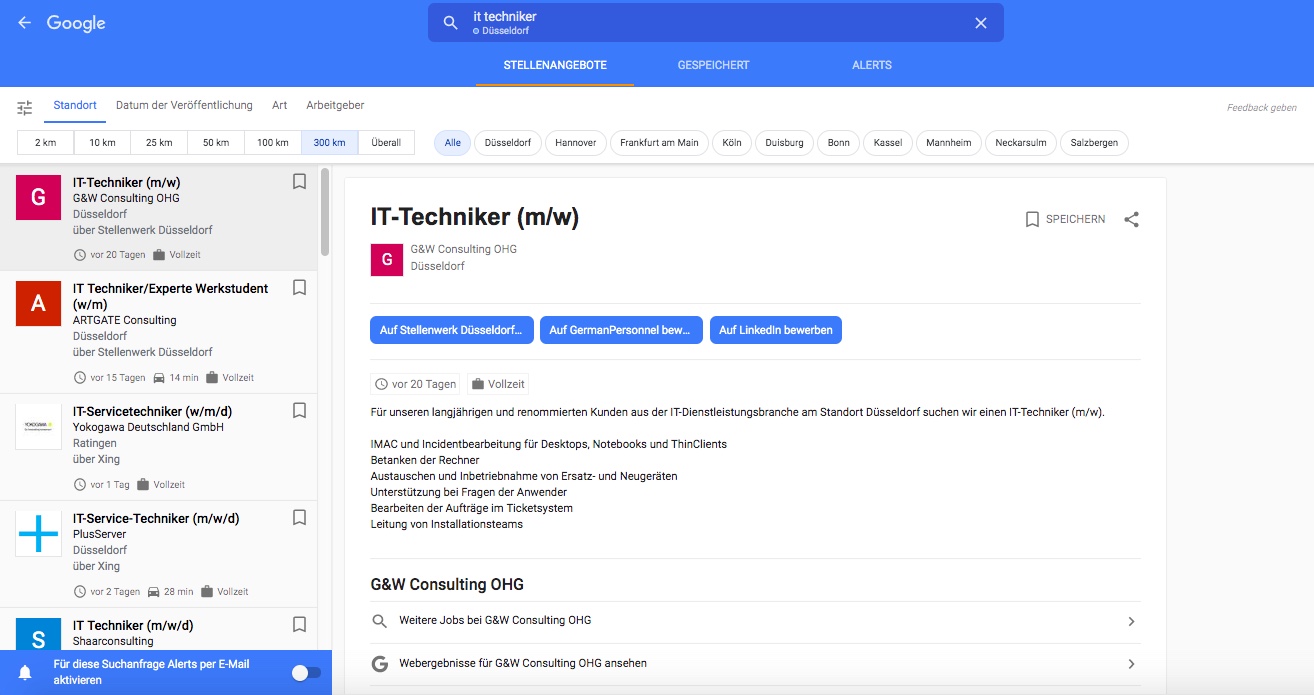 Beim Klicken auf ein interessantes Stelleninserat, startet die Großansicht in der Google Oberfläche (Standalone-Display)