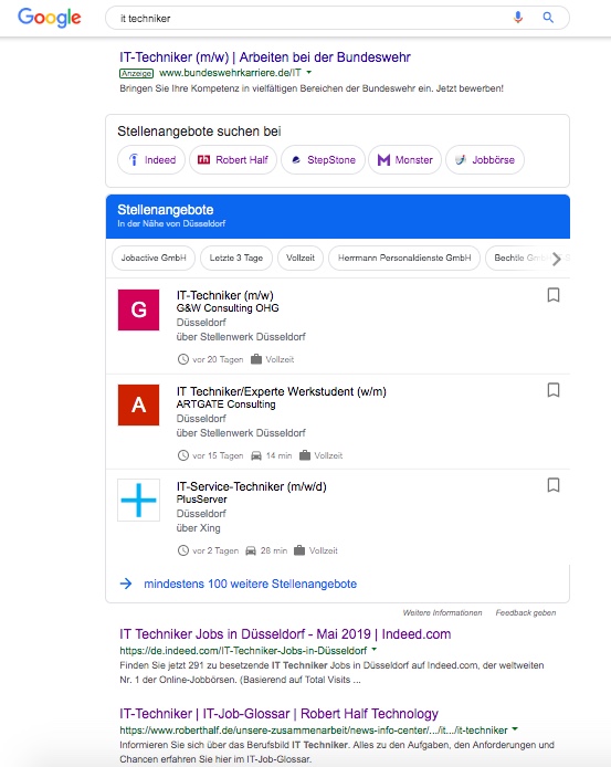 Die Google "OneBox", passende Stellenangebote werden vor anderen Suchergebnissen angezeigt