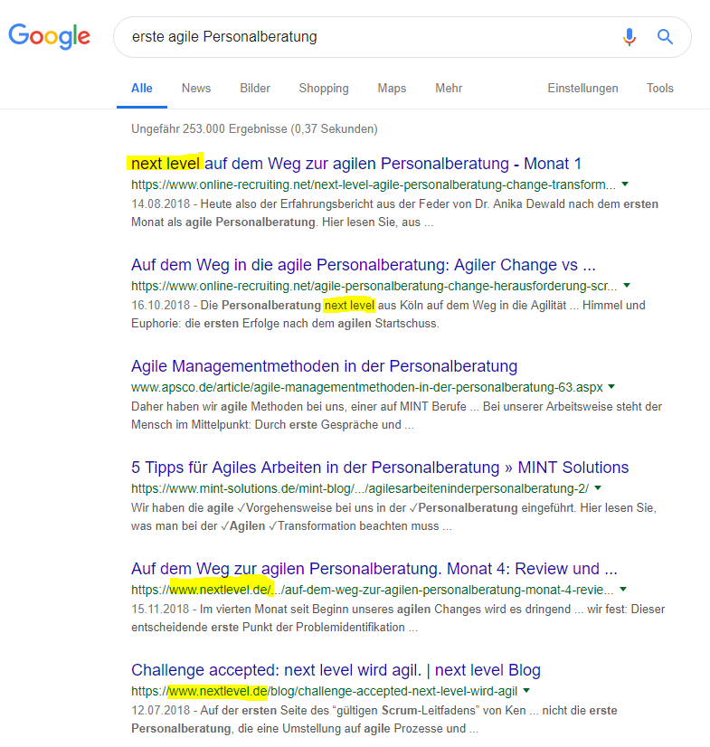 Immerhin für Google sind wir als agile Personalberatung Nummer 1. Und 2. Und 5. Und 6. :) Quelle: Screenshot
