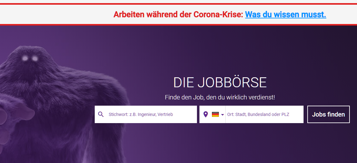 Corona Hinweis auf monster.de