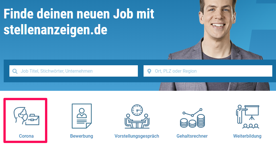Eigene Info-Rubrik bezüglich Corona bei stellenanzeigen.de