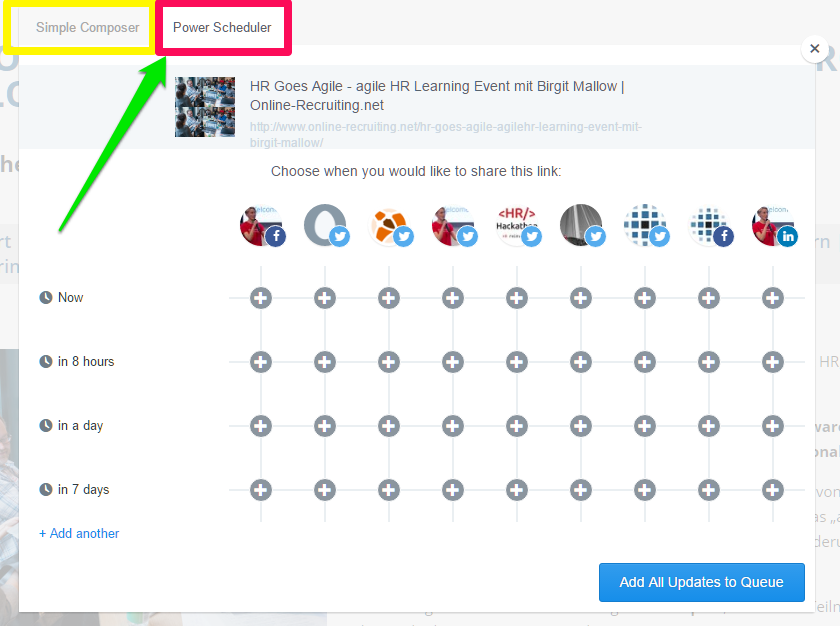 Die Buffer Chrome Extension in der Power Scheduler Ansicht
