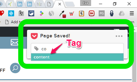 Die Pocket Erweiterung hat die besuchte Seite gespeichert unter dem selbst gewählten und angelegten Tag