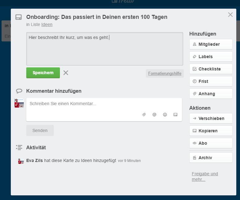 Die geöffnete Aufgabenkarte mit weiteren Optionen, um z.B. die Aufgabe konkreter zu beschreiben